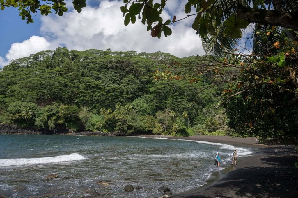 A shot of a black sand beach in Tahiti