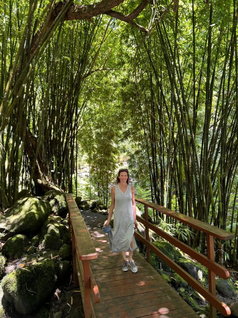 A women walking across a bridge in a forest
