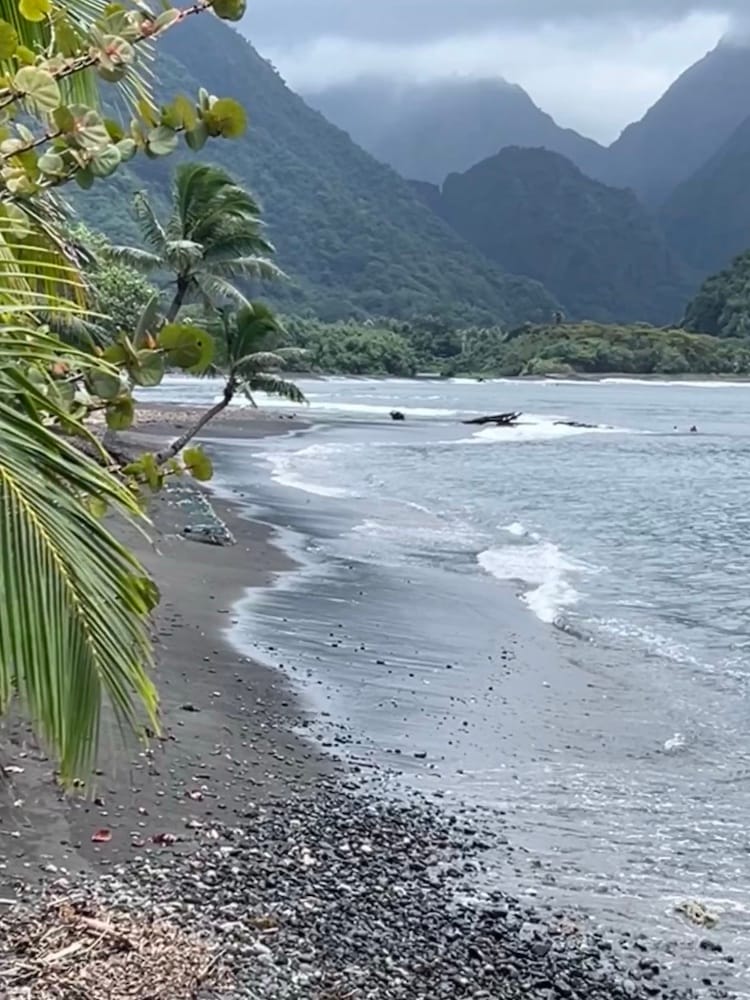 East Coast Tour of Tahiti - Black Sand Beach with Mountain Backdrop